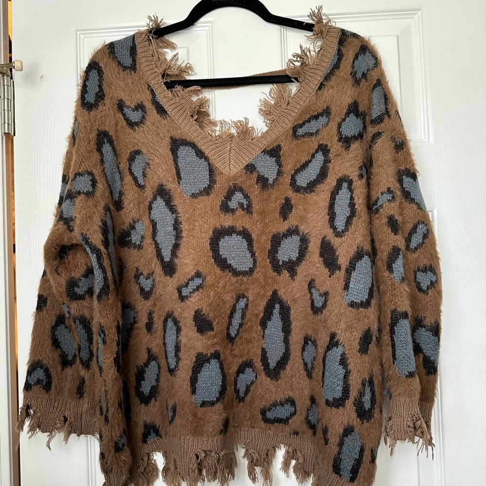 Leopard Print Frayed Sweater